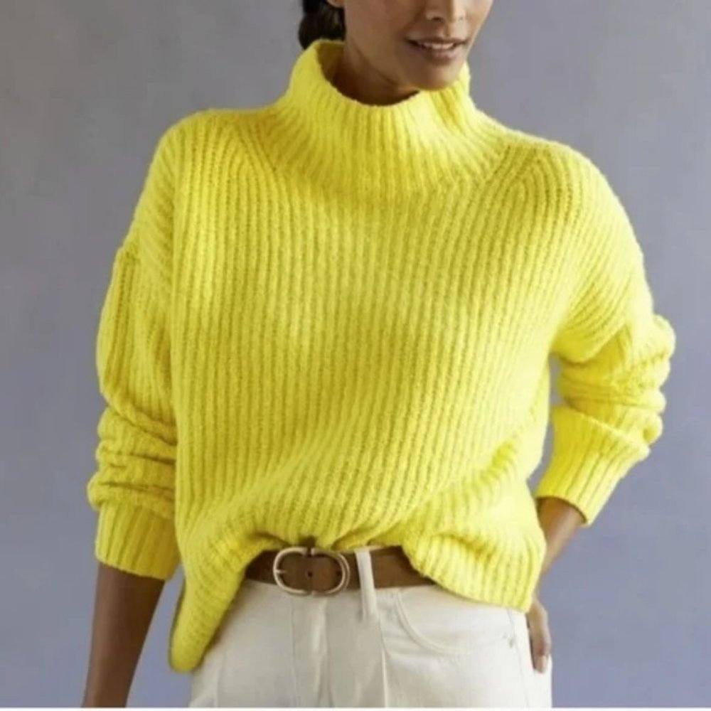 Anthropologie Sweater XS Yellow Oversized Funnel Neck Pullover Knit Top